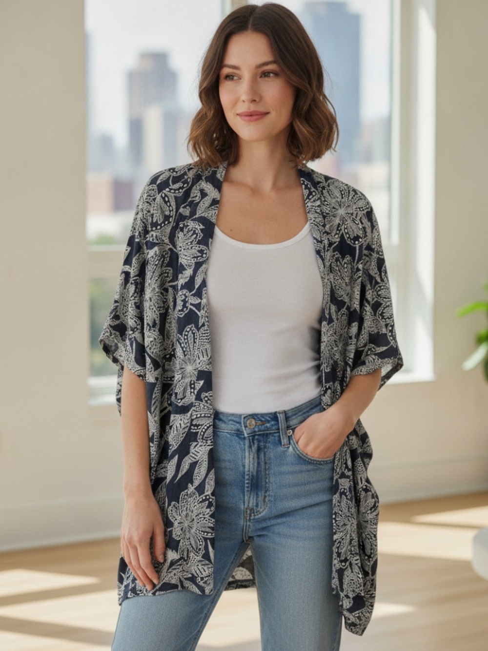 Loft blue and white coverlet wrap  Med
